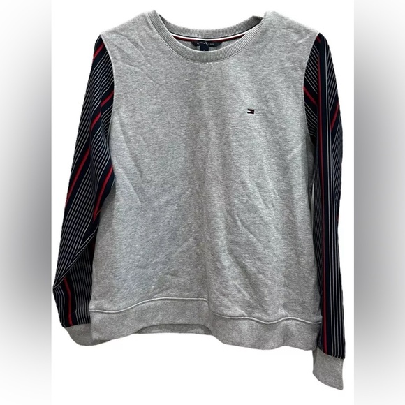 Tommy Hilfiger Ladies Sz M Gray Heather Logo Sweater Striped Sleeve Crew Neck - Picture 1 of 4